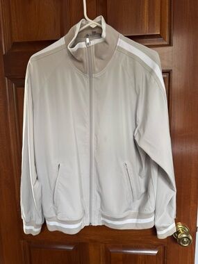 Athleta Men's Light Beige Bomber Jacket with White Trim